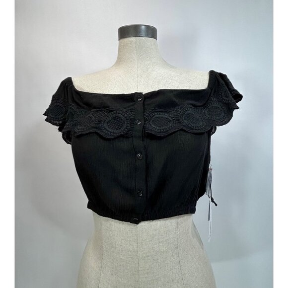 AMUSE SOCIETY Crop Top Sz L Black Embroidered Button Up Off The Shoulder Boho - Picture 2 of 10